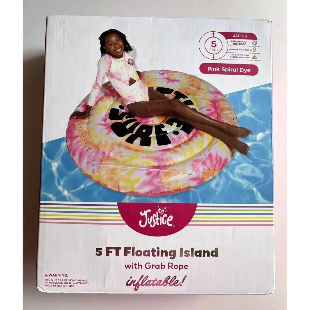 Justice Surf 5ft‎ Floating Island Pool Float w/ Grab Rope, Pink Spiral Tie Dye
